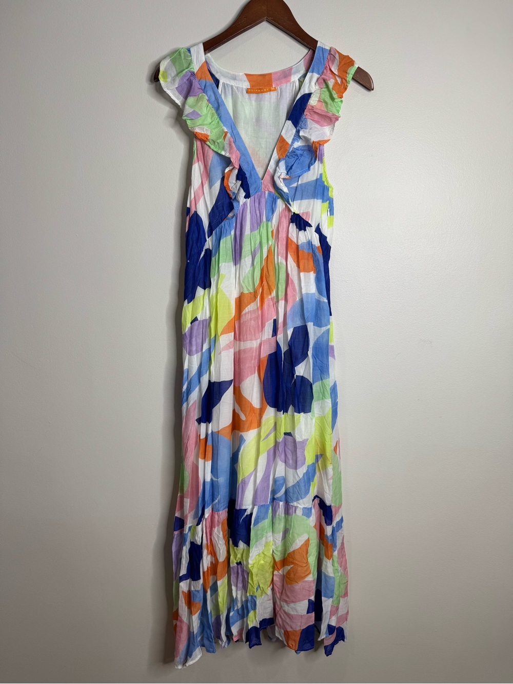 Oliphant Sleeveless Ruffle Tiered Boho Geometric Maxi Dress Silk Cotton Medium